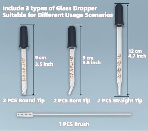 6 Pack Glass Pipette Dropper with Brush - Bent & Straight Tips, 1 ml Eye Droppers for Essential Oils, Lab, Crafts, Measuring and Transferring Liquids
