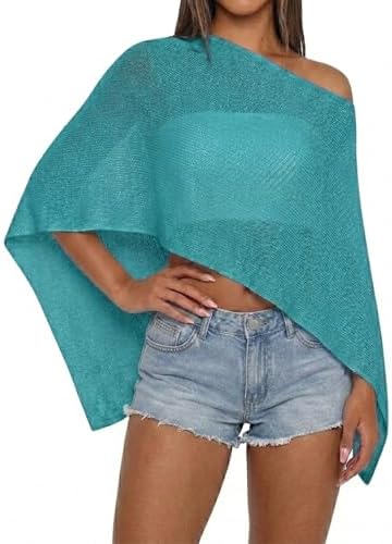 Women Sheer Knit Poncho Top Beach Cover Up Lightweight Crochet Shrug Y2k Summer See Through Shawl