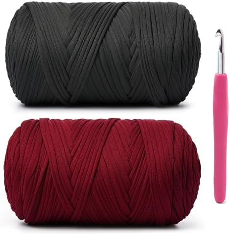 2 Pack Soft Tshirt Crochet Yarn, 800g/228yds High Elastic Hand Knitting Yarns, Thick T Shirt Yarn for Crocheting Bags, Baskets, Cushions, DIY Crafts(Carbon Gray + Burgundy