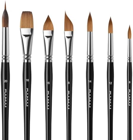 Watercolour Brushes Set, Fuumuui 7PCS Professional Kolinsky Sable Paint Brush with Patented Extended Points Design, Round, Flat, Oval, Mop for Fine Detail, Gouache, Ink, Watercolour Painting