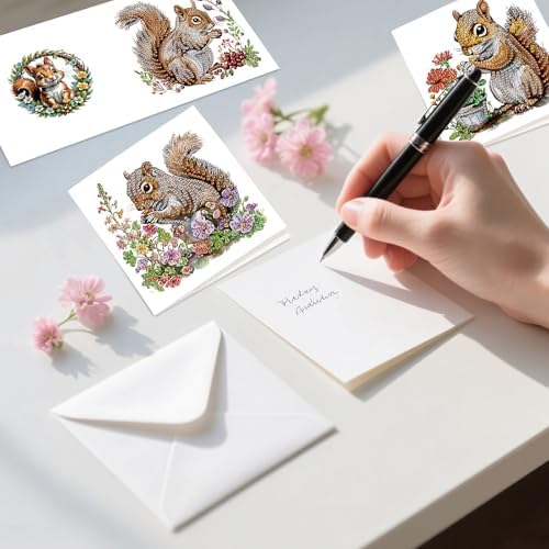 AiYuanzsh 6 Pack Diamond Painting Greeting Cards with Envelopes, DIY 5D Diamond Art Card Kit Featuring Cute Squirrels, 30x15cm Handmade Rhinestone Cards Crafts for Greetings and Seasonal Wishes