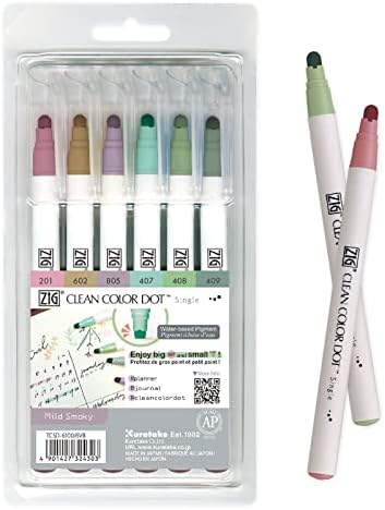 Kuretake CLEAN COLOR DOT Single Mild Smoky 6 colors set, Flexible dot tip marker, for Journals, Crafts, Illustration, Lettering, Planners, for Adult, Kids, Made in Japan