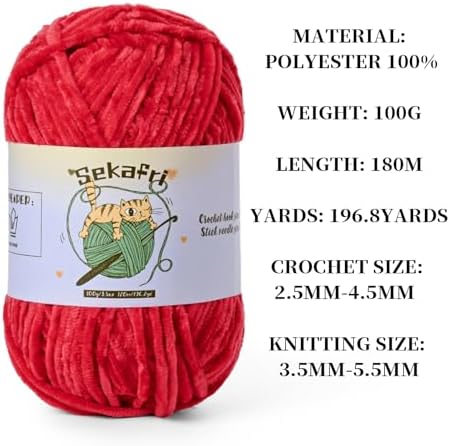 3 Pack of 300g (590yds) Fuzzy Chenille Yarn for Crocheting,Fluffy Amigurumi Crochet Yarn for DIY Craft/Hat/Clothes, Soft Velvet Baby Blanket Yarns（3 Red）