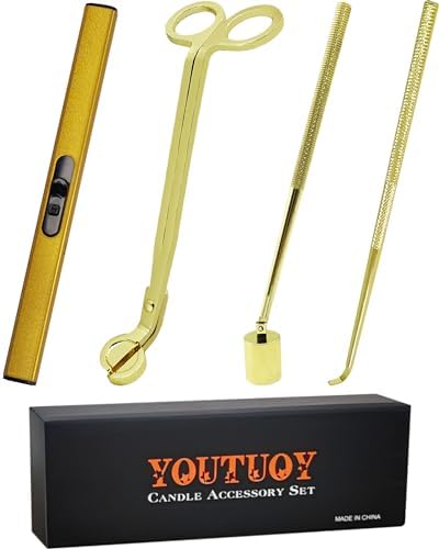 YOUTUOY 4 in1 Candle Accessory Set with Rechargeable Candle Lighter, Candle Wick Trimmer, Candle Wick Snuffer, Candle Wick Dipper, Candle Care Kit (Gold)
