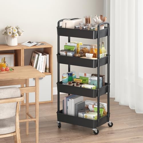 Sywhitta 4-Tier Plastic Rolling Utility Cart with Wheels for Storage, Black