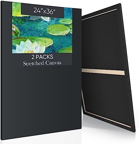 Ctosree 2 Pack Stretched Canvas for Painting, Large Black Cotton Art Large Triple Primed Profile Blank Canvases for Watercolor Acrylics Oil Painting(24 x 36 Inch)