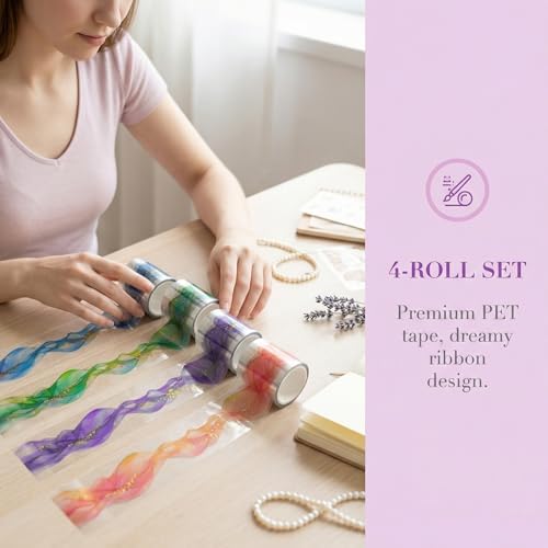 4 Rolls Aesthetic PET Tape for Journaling with Tweezers Dreamy Ribbon Scrapbooking Washi Tape Set Stickers Waterproof Transparent Sparkling Foil DIY Planner Crafts