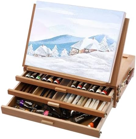 Large Adjustable Artist Tabletop Sketchbox Easel, Multi-Function Solid Beech Wood Storage Box Easel with 3-Drawer for Artist, Art Students & Beginners