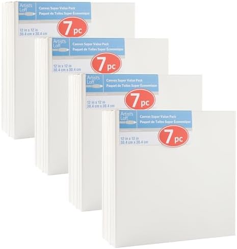7 Count (28 Total) 12” x 12” Super Value Canvas by Artist's Loft Necessities - Acid Free Cotton Canvas for Paint, Acrylic, & Oils - Bulk 4 Pack