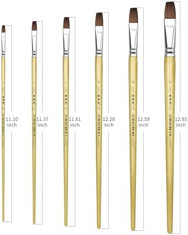 XDT#166B Bright Artist Paint Brush 6 Piece Set, Red Sable Flat Paint Brushes for Watercolor, Acrylic, Oil and Canvas Painting
