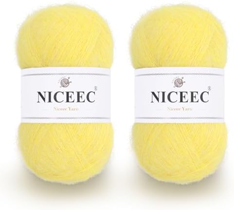 NICEEC 2 Skeins Long Pile Mohair Yarn 2.82oz/788yds - Yellow