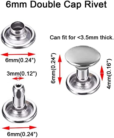200sets Stainless Steel Leather Rivets with Tools Kits Double Cap Rivet Tubular Metal Studs Repairs Decoration Craft Accessories for Leather Craft Clothes Shoes Bags Belts (6mm Silver with Tools)