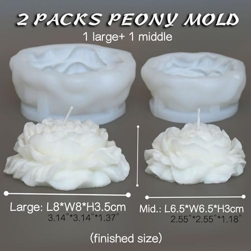 2 Pack 3.14 inch Peony Candle Molds Set - Large & Medium 2.55inch Silicone Mold for Soap Candle Making, 3D Flower Reusable Silicone Molds(Peony 2 Pack)