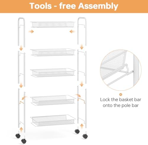 TOOLF 5 Tier Rolling Cart, Metal Utility Storage Cart with Wheels, White | 3 Hooks, Screwless Assembly, Trolley Organizer for Bathroom, Kitchen, Office, Nursery, Dorm, Laundry Room