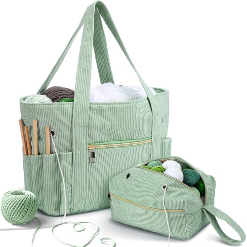 Bulyoou 2 Pcs Crochet Tote and Yarn Bag Set Corduroy Yarn Holder,Green
