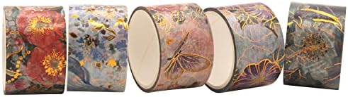 YUBBAEX Blooming Washi Tape Set Gold Foil Masking Tape Peony Wide Decorative for Arts, DIY Crafts, Journal Supplies, Planners, Scrapbook, Card/Gift Wrapping -25mm- (Purple Flowers)