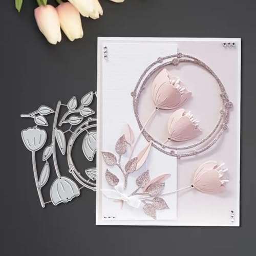 Scrapbooking Die-Cuts, Layer Frame Net Set Metal Cutting Dies for Card Making, Paper Craft Template, Background Embossing Stencils, DIY Album Décor (Tulip Wreath-11x10.4 cm)