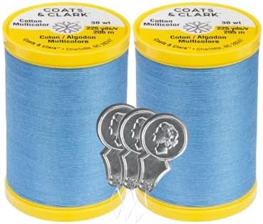 Coats & Clark Cotton All Purpose Sewing Thread 100% Mercerized Cotton 225 Yards Each Spool S970 2 Pack Bundle with 3 Bella's Crafts Needle Threaders (Medium Blue)