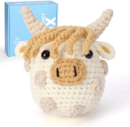 CrochetBox Crochet Kit for Beginners Adults - Polka Dot Highland Cow Starters Crochet Kit, Crocheting Kitting for Adults Teen, Craft Gifts with Crochets Yarns, Hook, Step-by-Step Video, Instruction