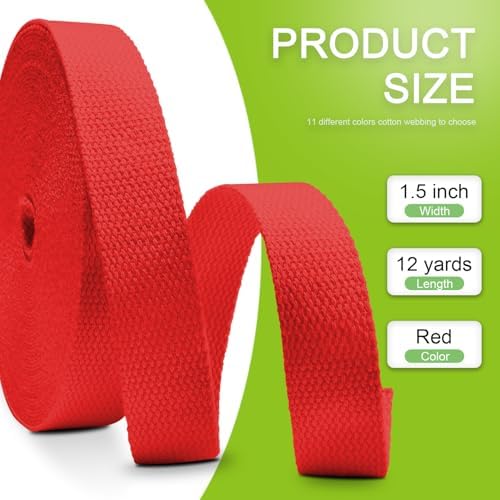 Cotton Webbing 1.5 Inch 12 Yards Natural Cotton Webbing Straps for Bags Handles, 1.5 Inch Weave Webbing for Cloth Tote Bag Straps Making,Cloth Belt, DIY Crafts Decoration (Red)