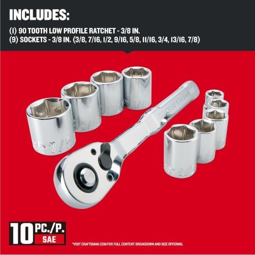 CRAFTSMAN 10 Pc Mechanics Tool Set with 90-tooth Low Profile Ratchet, SAE, 3/8 Inch Drive (CMMT34563)