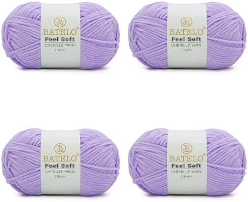 Thin Chenille Yarn for Crocheting & Knitting, Soft Plush Yarn for DIY Crafts, Amigurumi, Home Decor - 3 Light - 4 Pack of 1.7oz/142yds - Light Purple