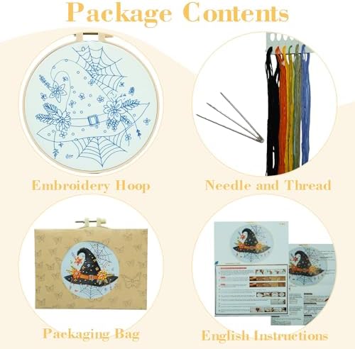 Floral Witch Hat Embroidery Kit Halloween Cross Stitch Material Set with Bat Skull Flower Pumpkin Patterns, DIY Hand Needlepoint Embroidery Craft Kit for Beginners Professional (Floral Witch Hat)