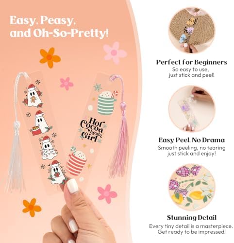 Kaciola 24PCS Acrylic Bookmark Blanks with 24PCS Christmas Theme UV DTF Stickers and 4 Colors Tassels,Blank Bookmarks UV DTF Transfers Stickers for DIY Crafts Hanging Tag Gift Bookmarks DIY