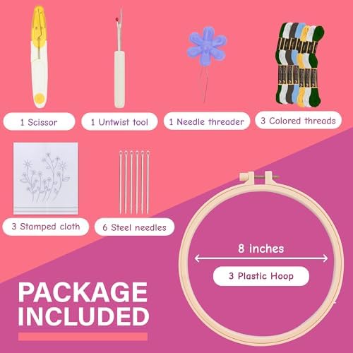 Clear Background Embroidery Kit for Beginners – DIY Hand Embroidery Kit with 3 Hoops, Stamped Patterns, Needles, Thread, Scissors – Minimalist Embroidery Set for Adults, Teens, Women, Craft Lovers