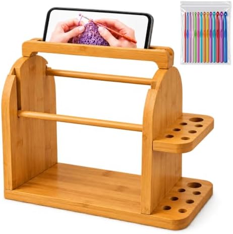 Crochet Yarn Holder with Phone Stand, Dual Rods & 14 Crochet Hooks