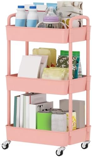 Sywhitta 3-Tier Plastic Rolling Utility Cart with Wheels for Storage, Pink