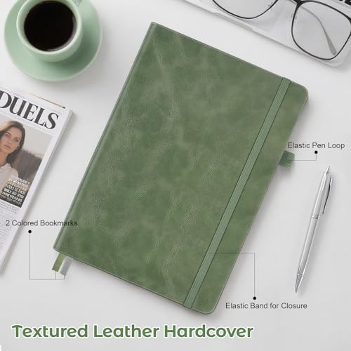 MALEDEN Notebook, A5 Hardcover Leather Notebook for Work, Notebook Journal for Women, Men, 192 Thick Paper, Large Notebook with Pockets, Professional Business Notebook (College Ruled, Light Green)