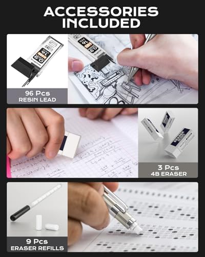 Nicpro 4 Pack Metal Mechanical Pencil Set 0.9mm, MB1000 Lead Drafting Pencil 0.9 mm with 6 Tube HB #2 Lead Refill, 3PCS 4B Eraser, 9 Cap Eraser for Artist Writing, Sketching, Drawing- Come with Case
