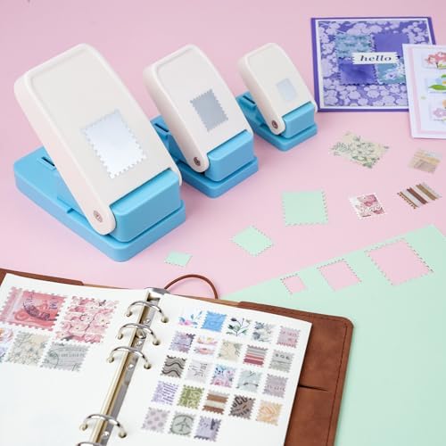 3Pcs Stamp Punch, Rectangle Postage Stamp Shape Punch, 1.5X1.25inch, 1X0.8inch, 0.66X0.53 inch Stamp Puncher, Lever Craft Hole Cutter Paper Punches for Crafting DIY Scrapbooking Card Making Journaling