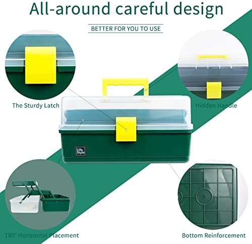 Creahaus 13 inch Art Craft Organizer Storage Box with 3 Layer, Multipurpose Plastic Tool Box with Handle for Sewing, Art Supply, Medicine, Nail, Hair Accessories (Dark Green)