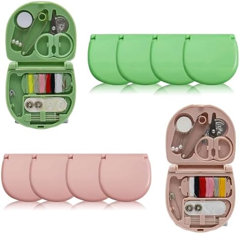 REROON 8 Pack Mini Travel Sewing Kit for Adult & Kid | Portable Sewing Box Kit Bulk | Small Emergency Repair Set with Thread Scissors Needle for Travel, Beginner DIY Handcraft | Pink + Green