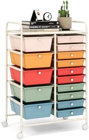 LDAILY 15 Drawer Rolling Storage Cart, Rolling Cart with Drawers for Classroom, Art Supply Craft Organizer on Wheel with Metal Frame & Handles for Home Office School