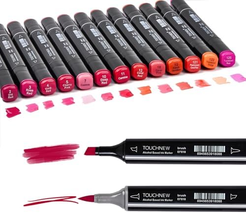 13Pcs Alcohol Markers Pure Color Series,Black Pen Barrel Dual Tip Soft Art Solid Color Markers Set for Adults Beginner Drawing Sketching (Red)