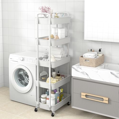 Sywhitta 5-Tier Plastic Rolling Utility Cart with Wheels for Storage,White