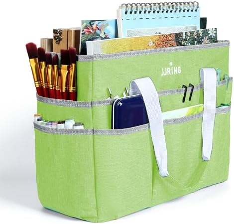 JJRING Craft Organizer Tote Bag Large Art Storage Caddy Cyan | With Multiple Pockets For Sewing, Scrapbooking, School, Medical, And Office Supplies