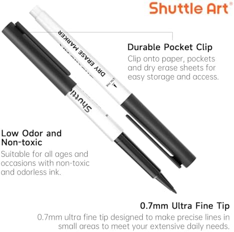 Shuttle Art Ultra Fine Dry Erase Markers, 15 Pack Black Whiteboard Markers with Erase, Dry Erase Markers Perfect For Writing on Whiteboards, Dry-Erase Boards,Mirrors for School Office Home