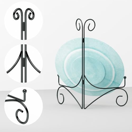 Plate Display Stands with Hinged Folding Design, 8 Inch Picture Frame Stand for Tables, Decorative Easels for Plates, Photos, Cards and Books, 8’’ Black