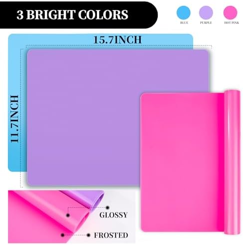 LEOBRO Silicone Mat for Resin Molds, 3 PCS Silicone Mats for Epoxy Resin, UV Resin, Play Dough Mat, Clay Mat, Nonstick Silicone Sheets Pads for DIY Arts and Crafts, Pink & Purple & Blue, 15.7”x 11.7”