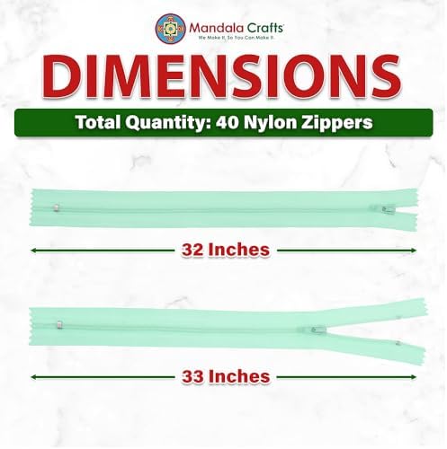 Mandala Crafts 40 PCs Mint Closed-End 32 Inches Nylon Zippers for Sewing