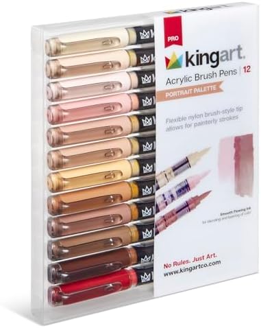 KINGART Acrylic Paint Markers Brush Tip, 12 Portrait Colors. Water-based, no-bleed, waterproof pens with automatic ink control for rock, egg, wood, fabric, glass & DIY crafts