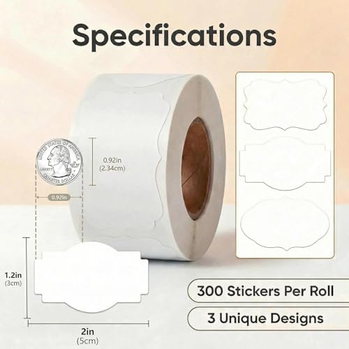 300 Pcs White Labels Stickers, 1.2x2 Inch, 3 Decorative Designs, Writable for Gift Wrapping, Pantry Storage, Jars & Wedding Decor