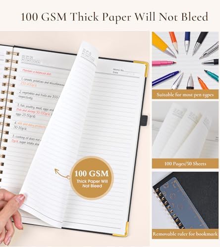 Hardcover Spiral Notebook Journal 8.5” x 11”, A4 Large Leather Notebooks for Women Men, Lined College Ruled Notebook, 100 GSM Paper, Spiral Bound Journals for Work School Note Taking Business, Black