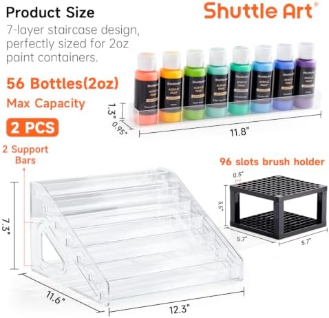 Shuttle Art 2-Pack of Acrylic Paint Organizer With Paint Brush Holder, 7 Layers Clear Storage Rack, Snap On Organizer for Acrylic Paint, Oil Paints, Nail Polish and Craft Supplies