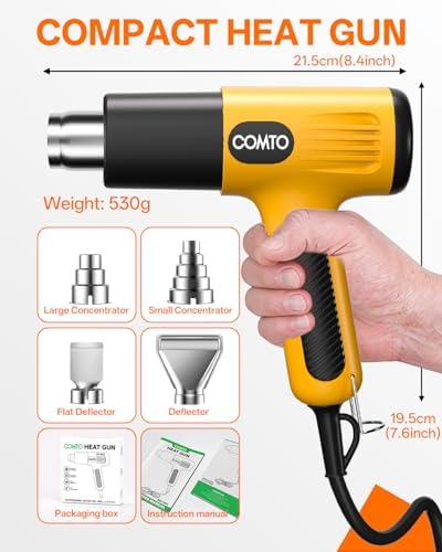Heat Gun, 1600W Hot Air Gun with 2 Heat Settings, Yellow | 752°F/1112°F Dual Heat Control, 4 Metal Nozzles, Overheat Protection, PA66 Housing, 1.1lb Lightweight Design, Non-Slip Grip