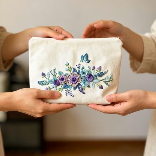 FONNUY Embroidery Kit Makeup Bag for Beginners, Flowers Pre-Stamped Pattern Handbag Coin Purses Making Kits for Adults with Hoop, Easy to Follow Color Thread Needlework (Blue)